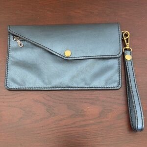 Handmade Blue Metallic Leather Clutch, Detachable Strap, Antique Brass Hardware